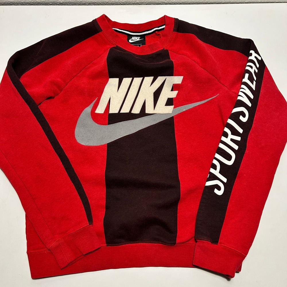 Nike Sportswear Mens XS Red Black Colorblock Logo Fleece Crewneck Sweatshirt